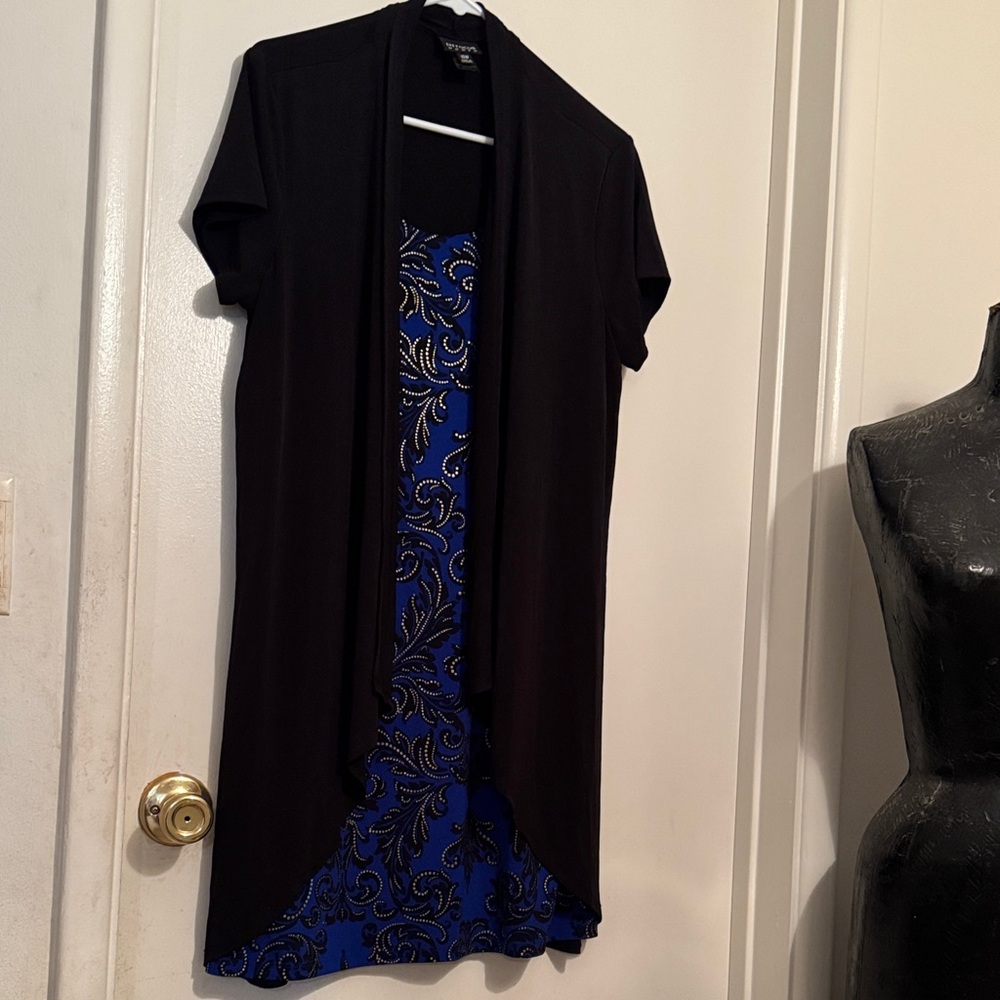 Enfocus Studio Black Overlay Dress with Blue and Gold Pattern